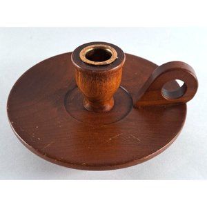 Vintage Wood Candle Holder W Finger Loop Handle Felt Bottom Colonial Pioneer